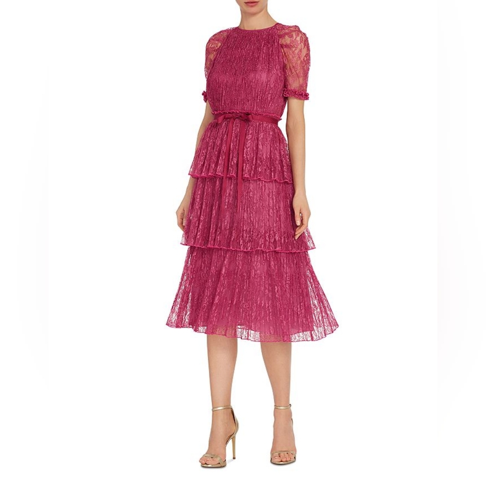 Monique lhuillier tiered pink lace dress